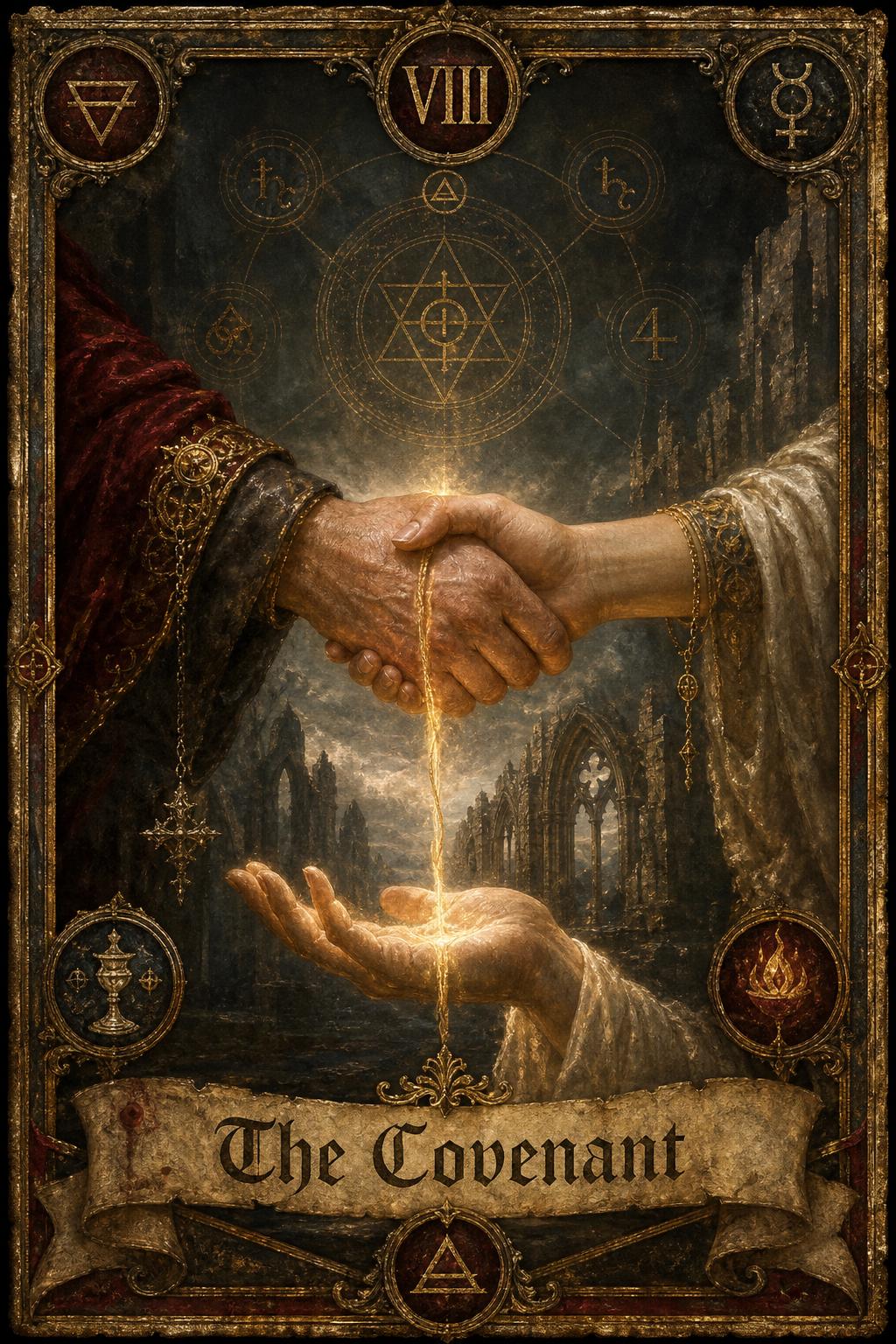 The Covenant — two hands clasping over a golden thread, blessed by a third hand of light