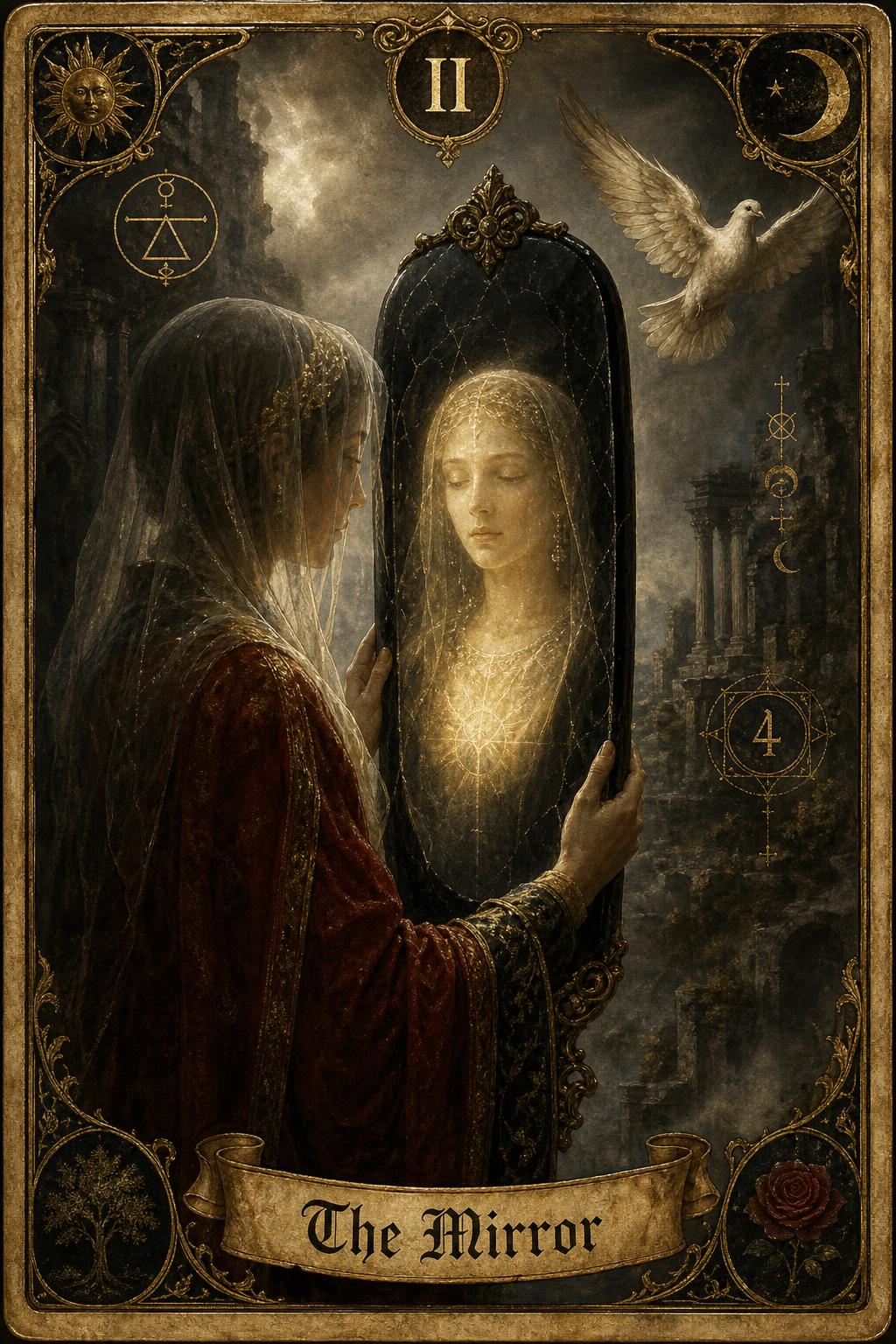 The Mirror — a veiled figure holding an obsidian mirror that reflects a softened self of light