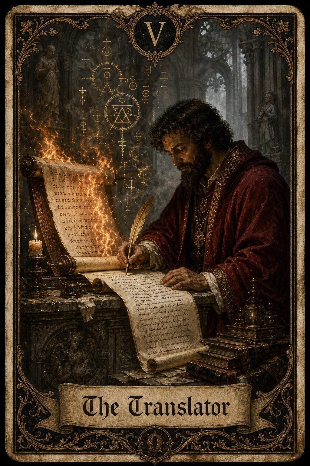 The Translator — a robed scribe transcribing words of fire into calm flowing script